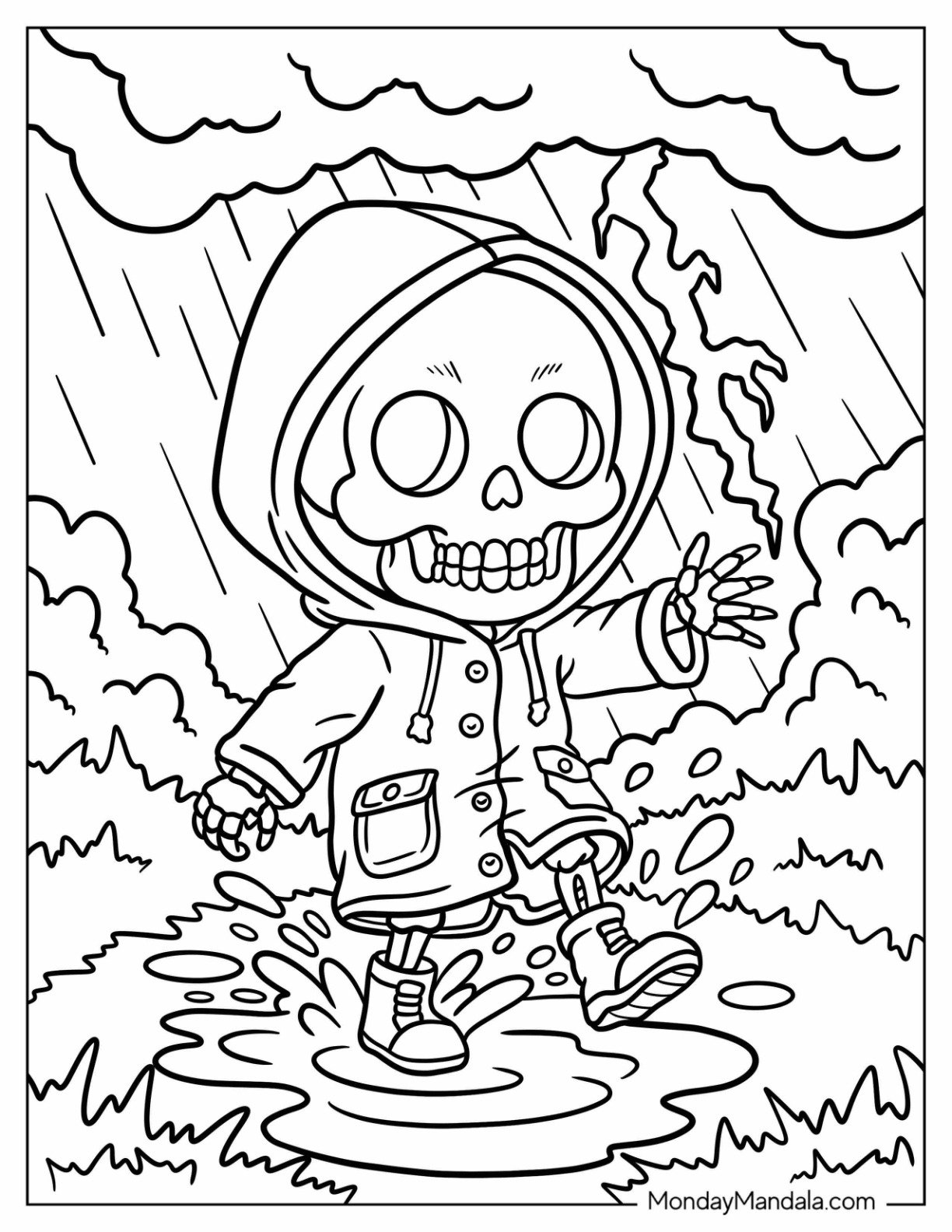 Little Skeleton Coloring Page Playing in a Rainstorm for Kids