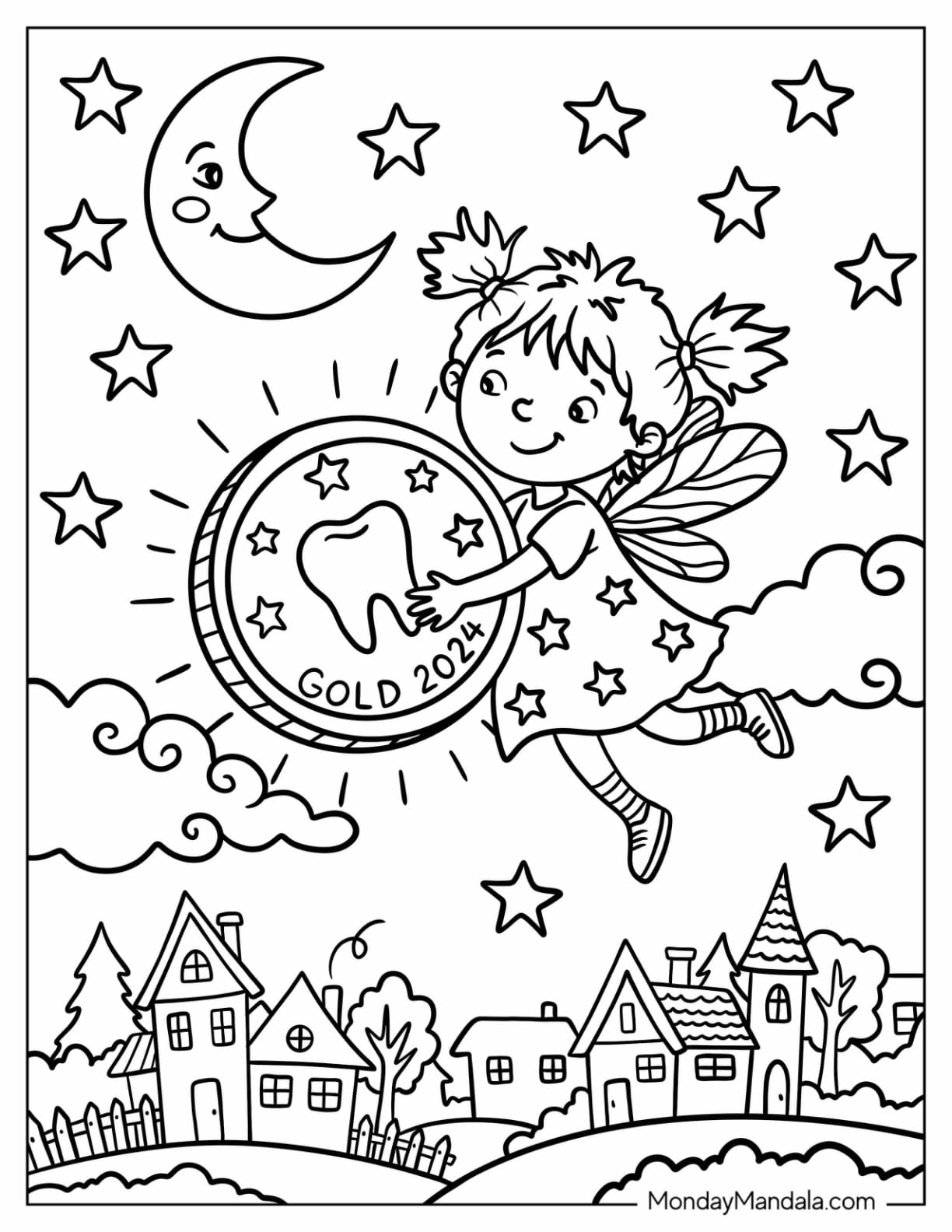 Little Tooth Fairy Carrying a Massive Gold Coin Coloring Page