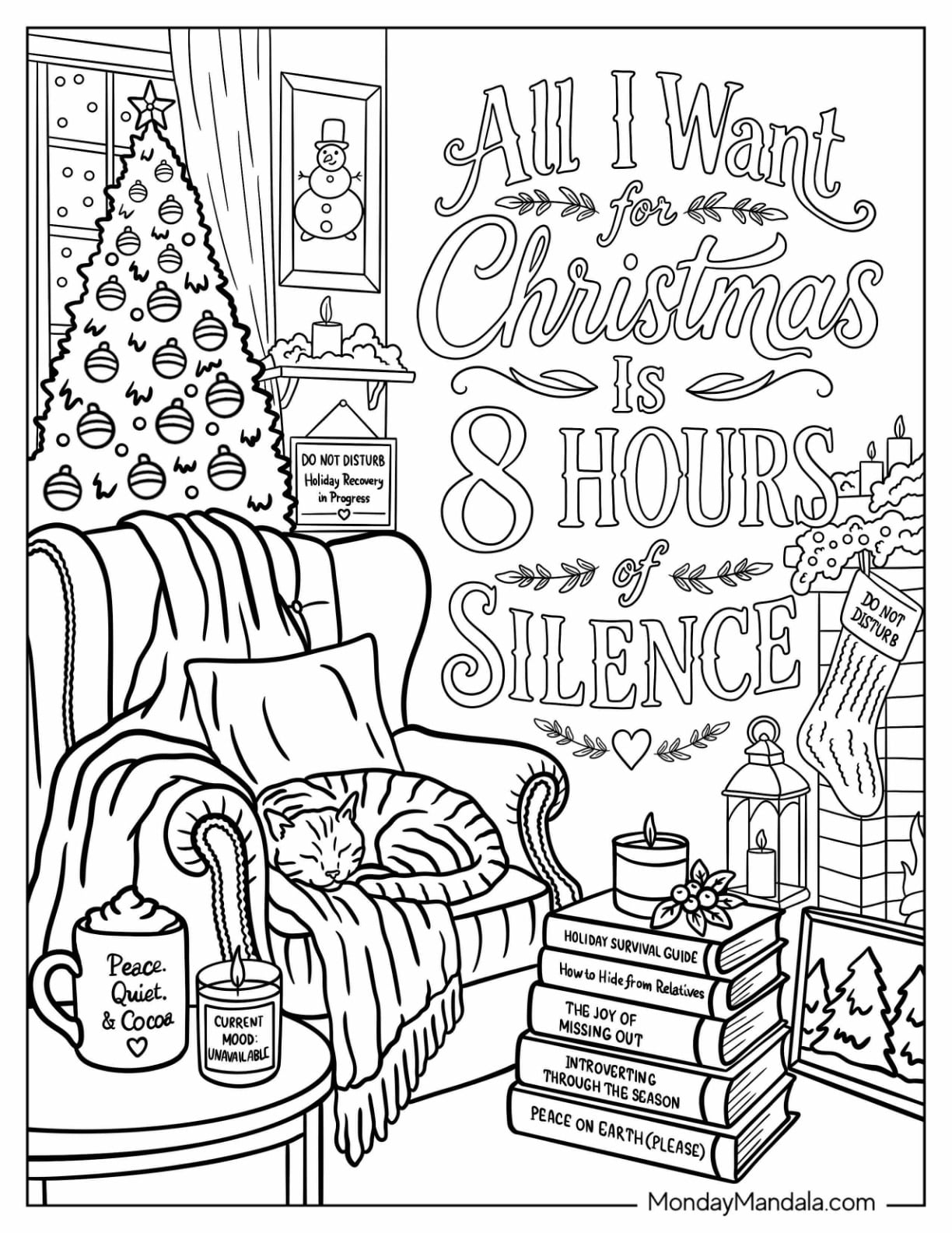 Living Room with a Christmas Tree, Cozy Cat, and Holiday Books Christmas for Adults Coloring Sheet