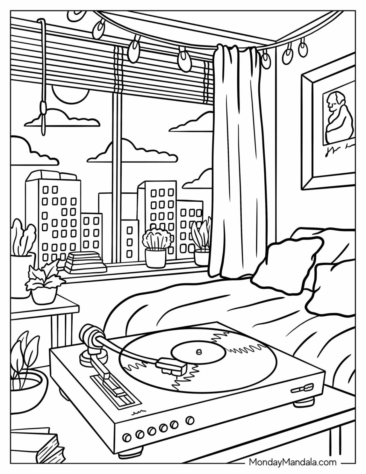 Lo-fi Coloring Page of Aesthetic with Vintage Turntable and View of Skyscrapers from Bedroom