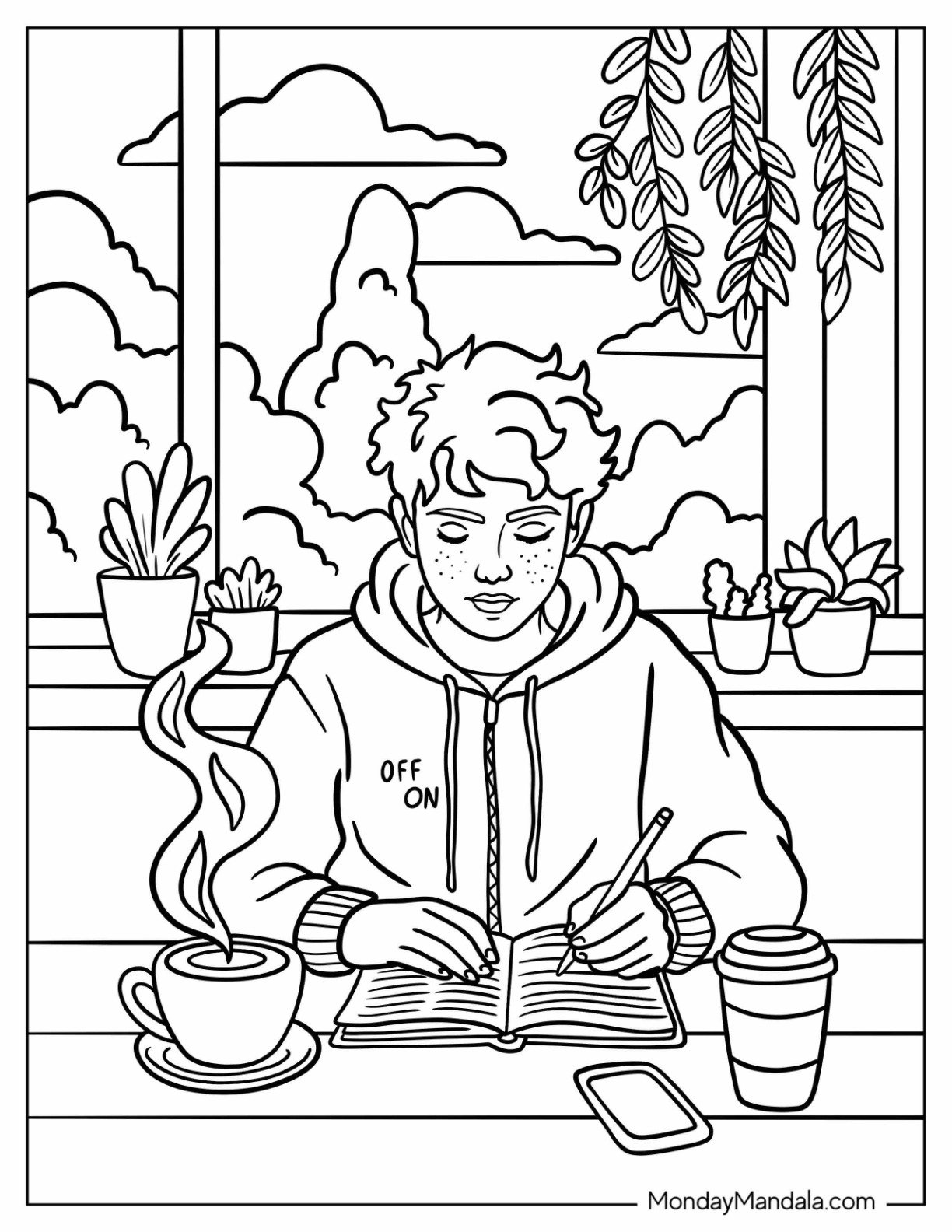 Lofi Coloring Page of Freckled Man Writing Notes on Desk with Steaming Coffee