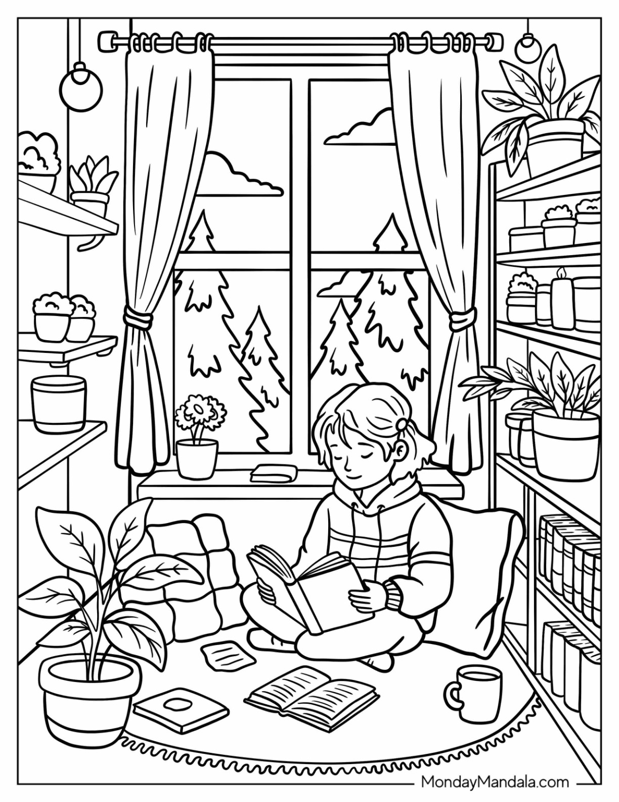Lo-fi Coloring Page of Reading Corner Corner with Girl Holding a Book