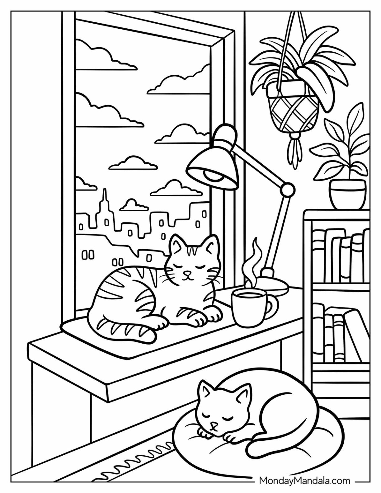 Lo-fi Coloring Page of Room with Two Cats Sleeping Next to the Window for Kids