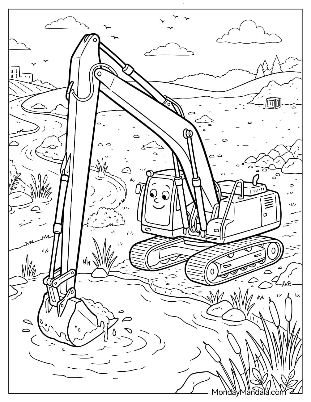 Long Reach Crawler Excavator Dredging a Stream with a Digging Bucket