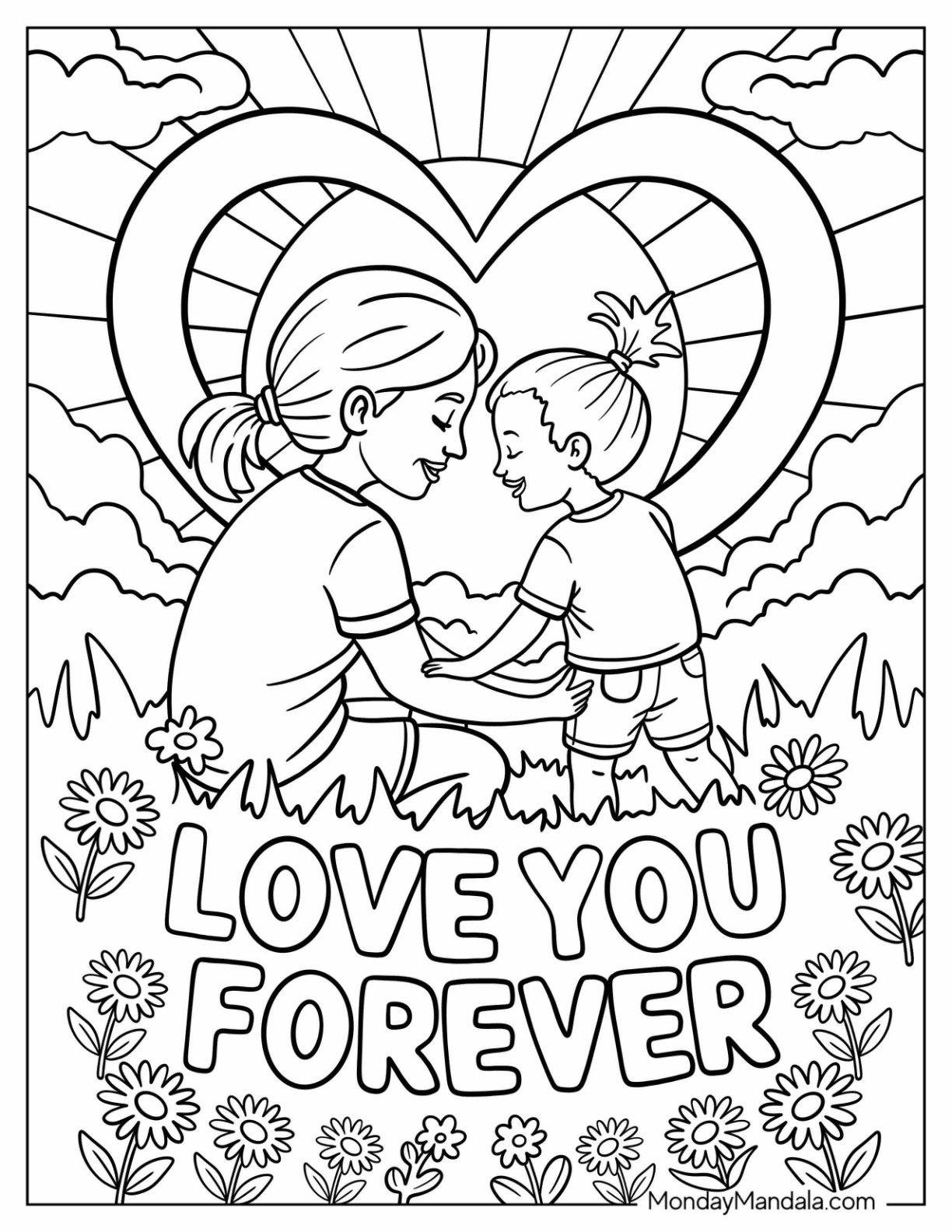 Love You Forever Words With Mom and Child Inside Lover Heart Mother's Day Coloring Page