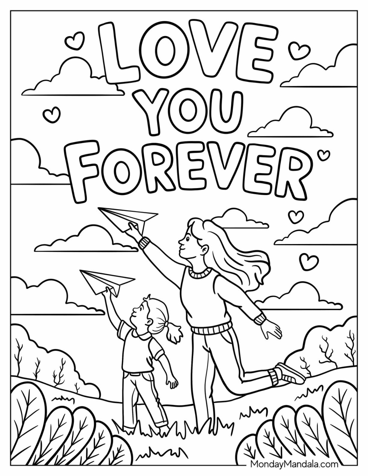 Love You Forever Words With Mother And Son Flying Paper Airplanes Mother's Day Coloring Page
