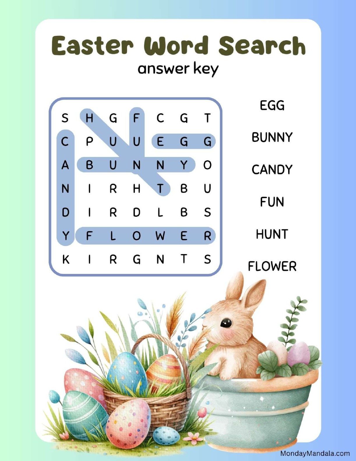 Lovely Bunny With Eggs Easter Word Search Answer Key