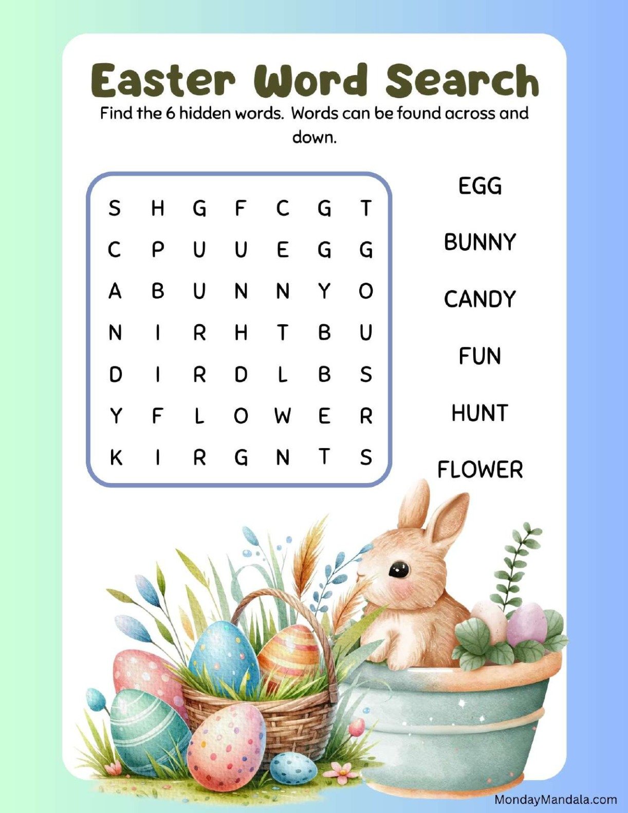 Lovely Bunny With Eggs Easter Word Search