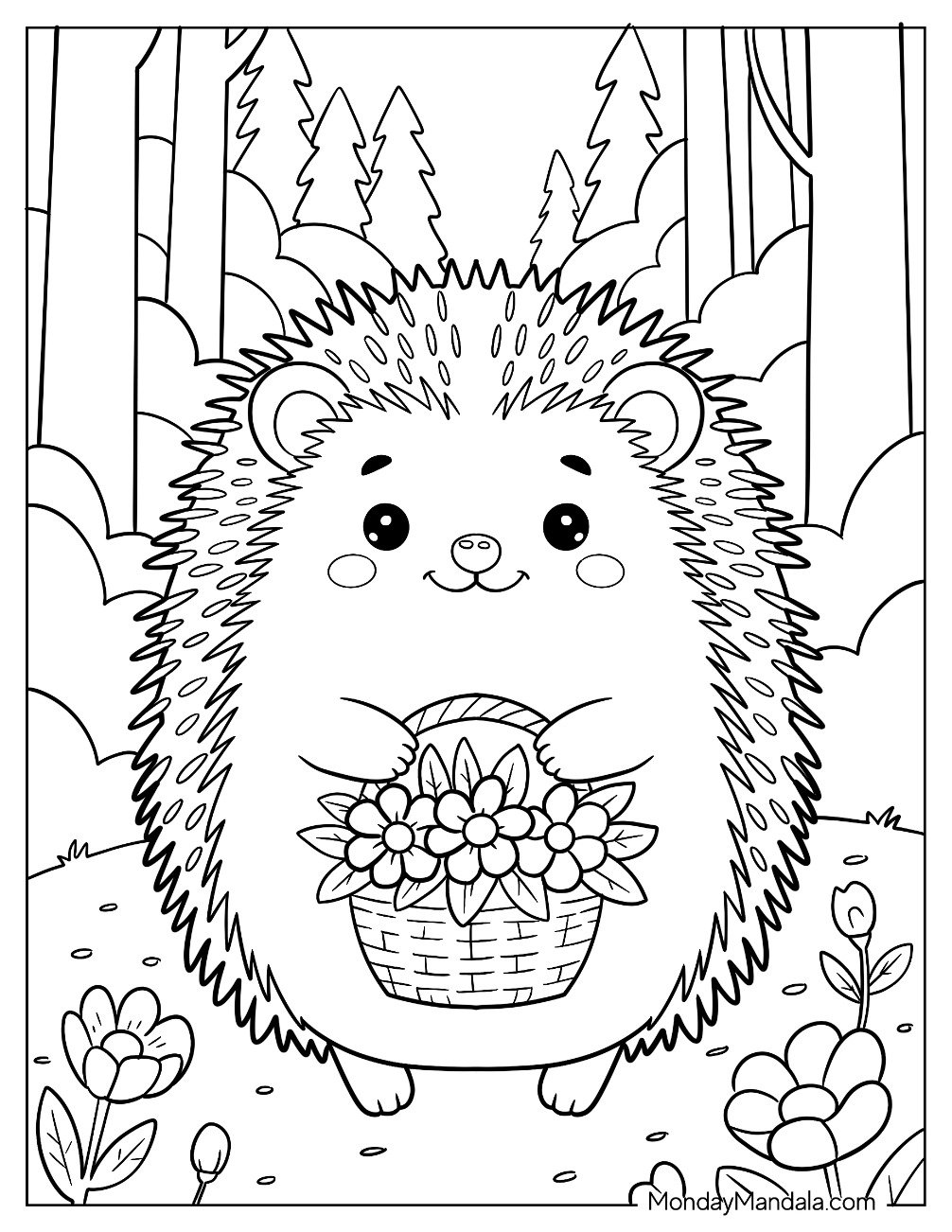 Lovely Hedgehog Coloring Page Carrying a Basket of Flowers