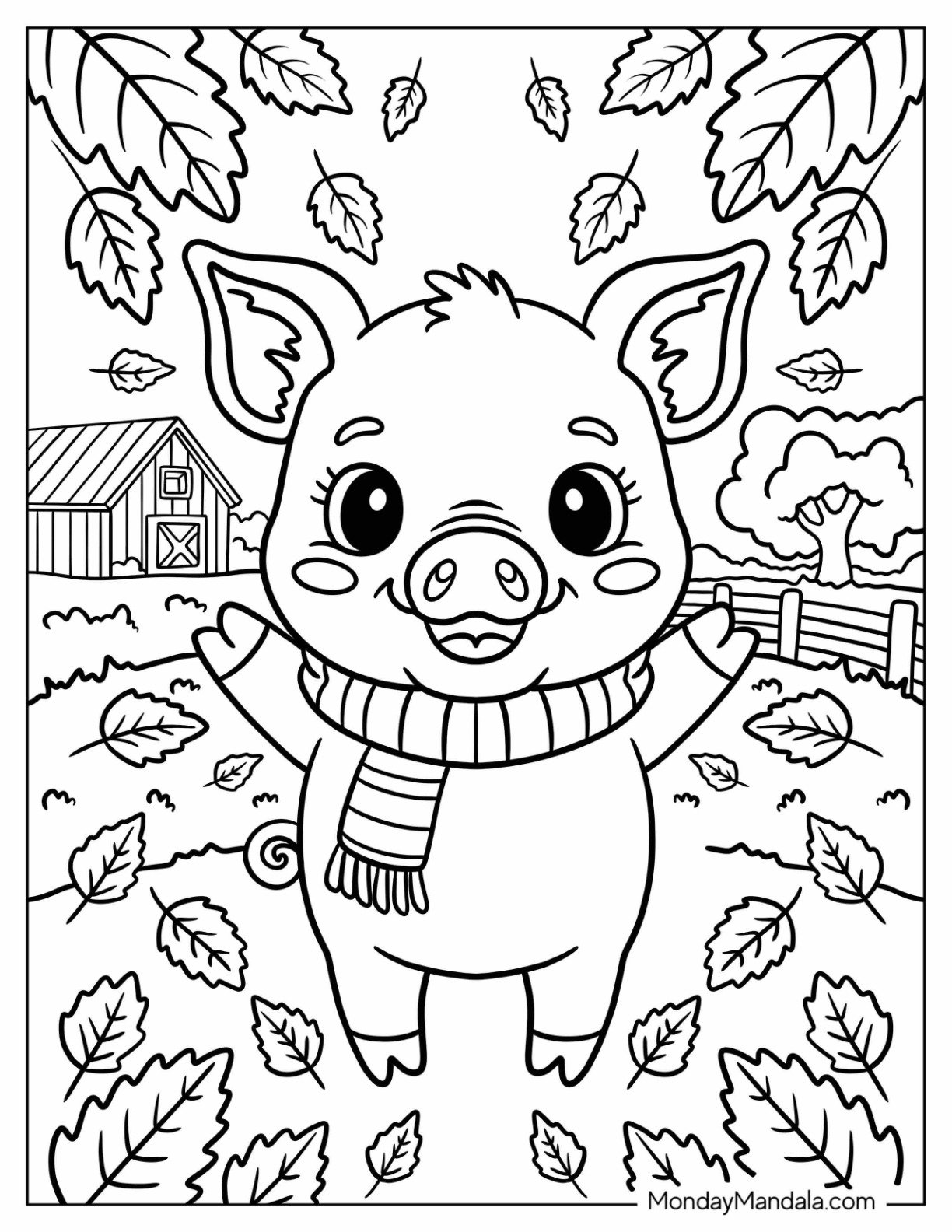 Lovely Pig Coloring Page in Scarf Throwing Fall Leaves for Kids