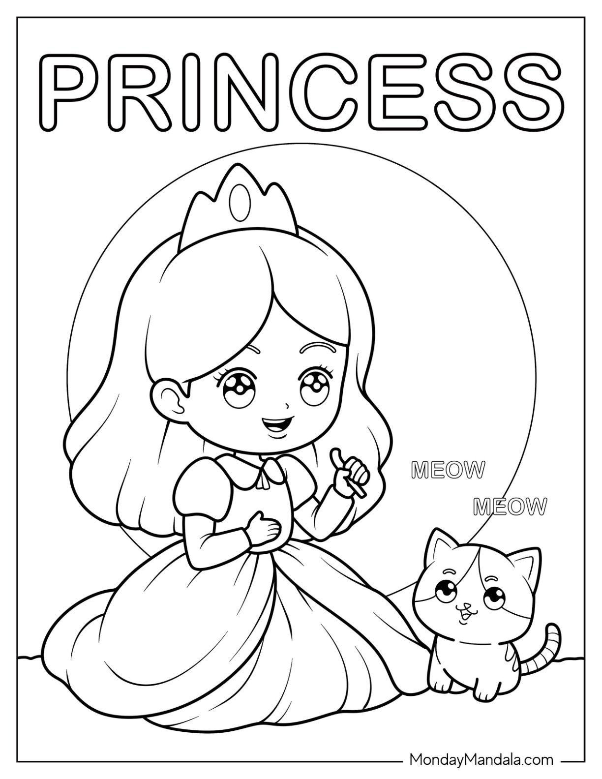 Lovely Princess with Crown and Her Meowing Cat Coloring Sheet