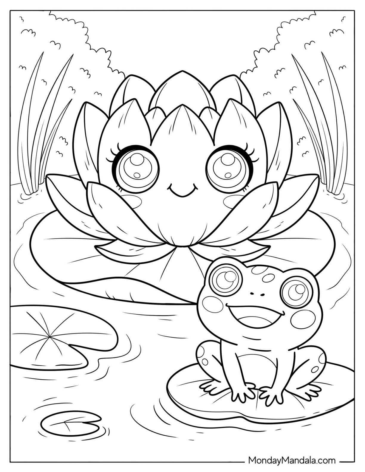 Flower Coloring Page of Lovely Water Lily in a Pond with a Frog for Kids