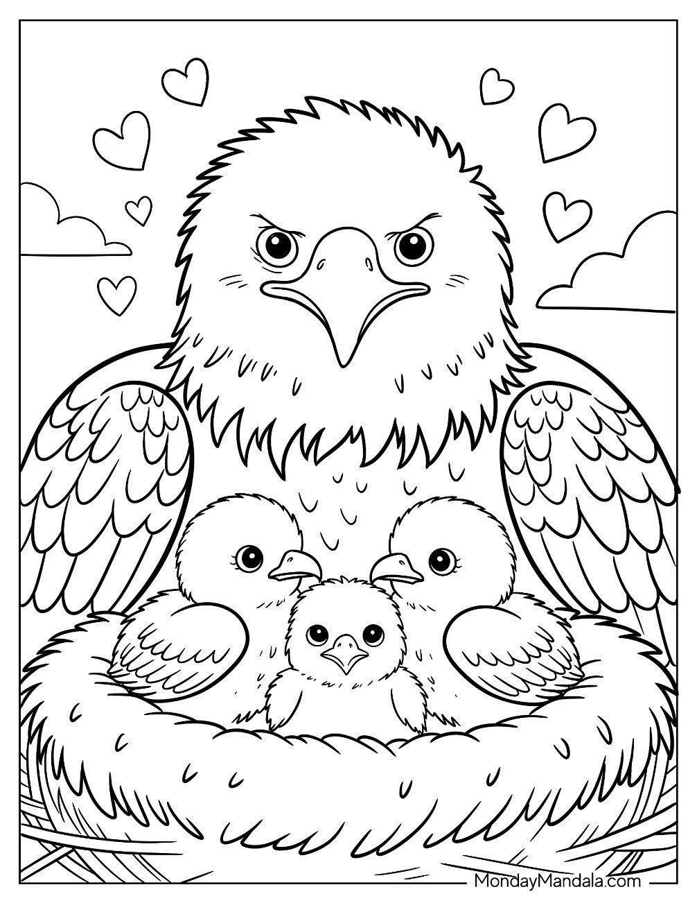 Loving Mother Bald Eagle Coloring Page with Her Three Eaglets