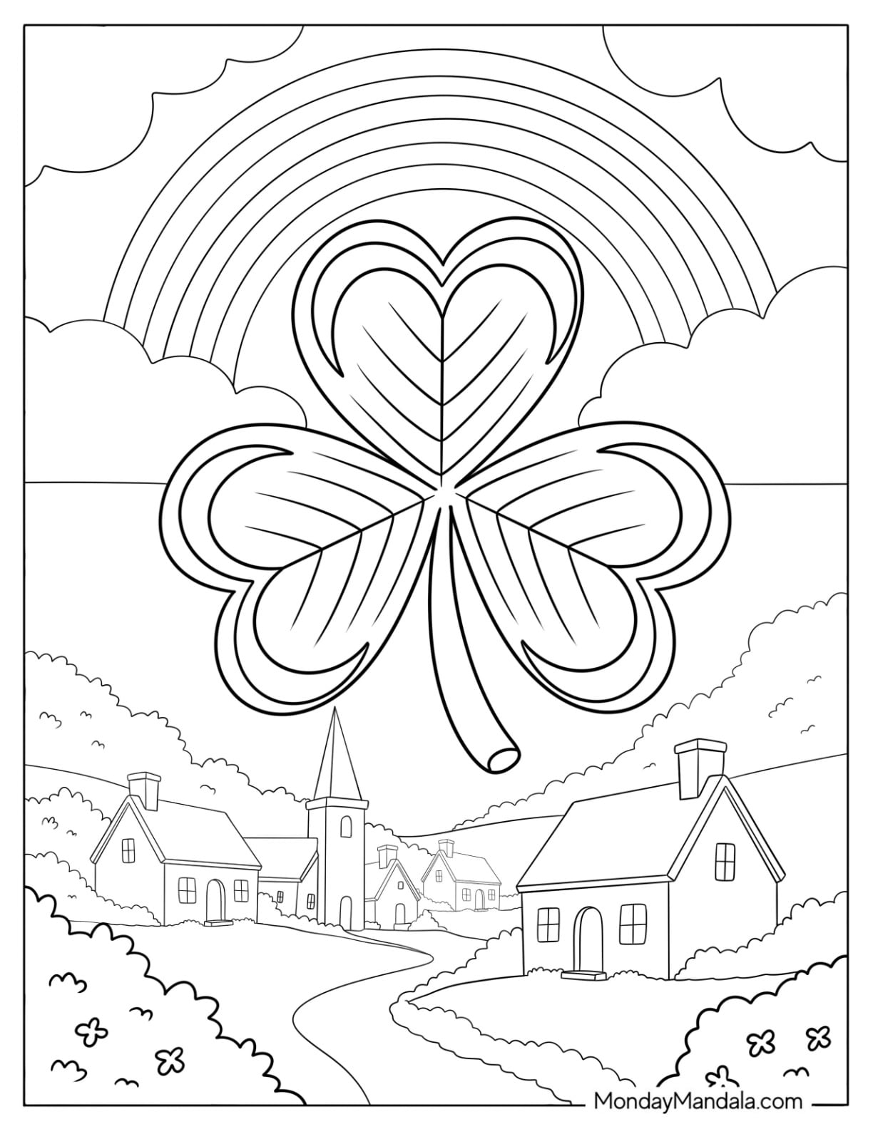 Lucky Shamrock Coloring Page in the Sky with Rainbow over a Town