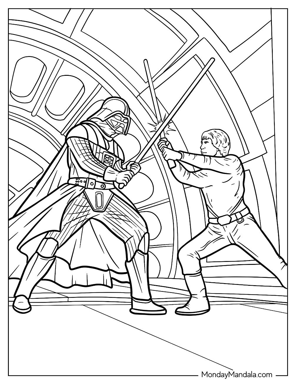 Luke Skywalker Coloring Page Fighting Darth Vader