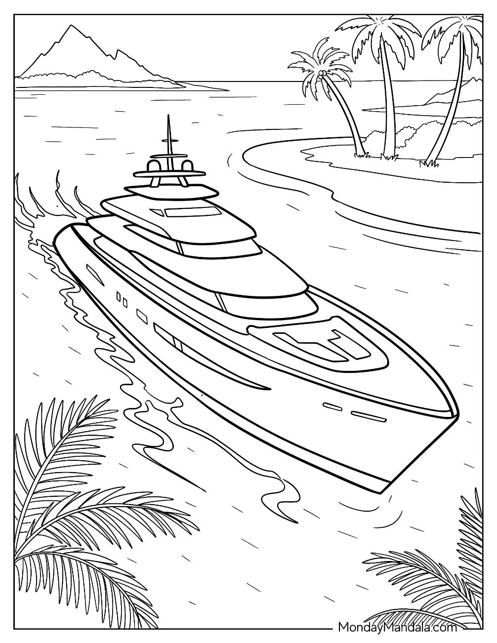Boat & Ship Coloring Page of Luxury Yacht Cruising Near a Tropical Island with Palm Trees