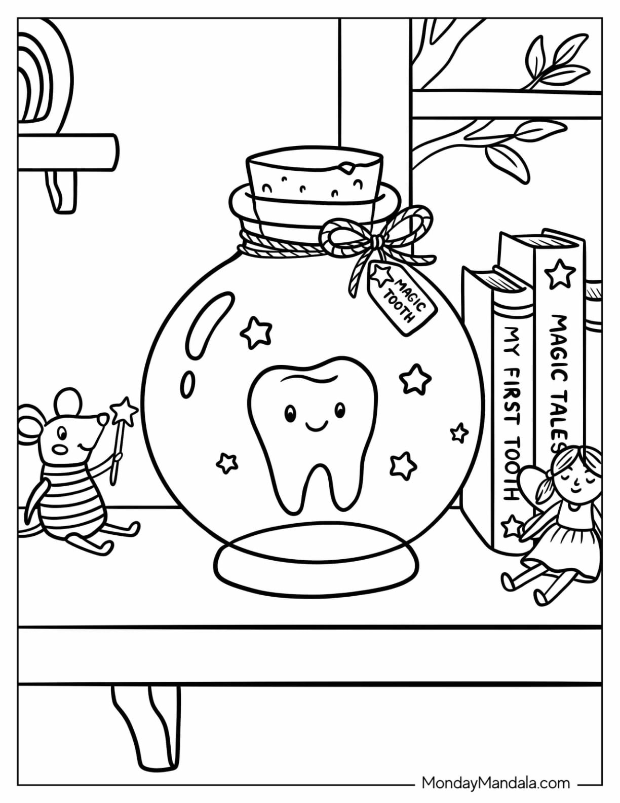 Magic Tooth in a Jar with Stars Coloring Sheet