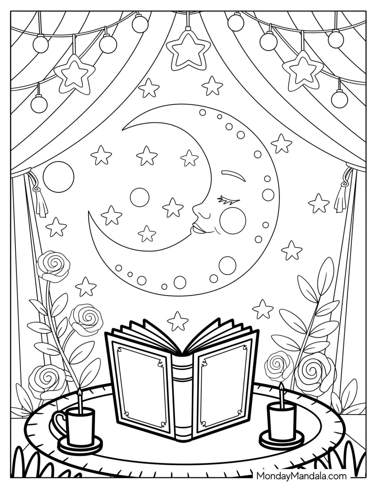 Magical Book and Candles on a Table Overlooking Crescent Moon Coloring Page From Tent