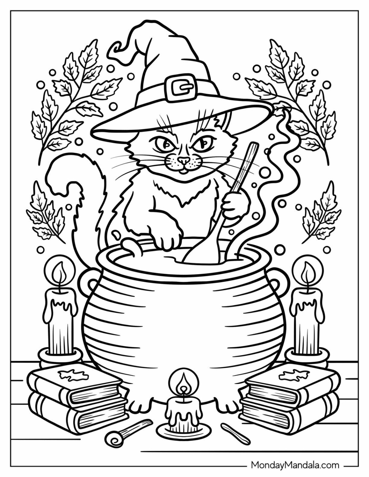 Halloween Coloring Page for Adults of Magical Cat in Witch Hat Stirring a Bubbling Cauldron
