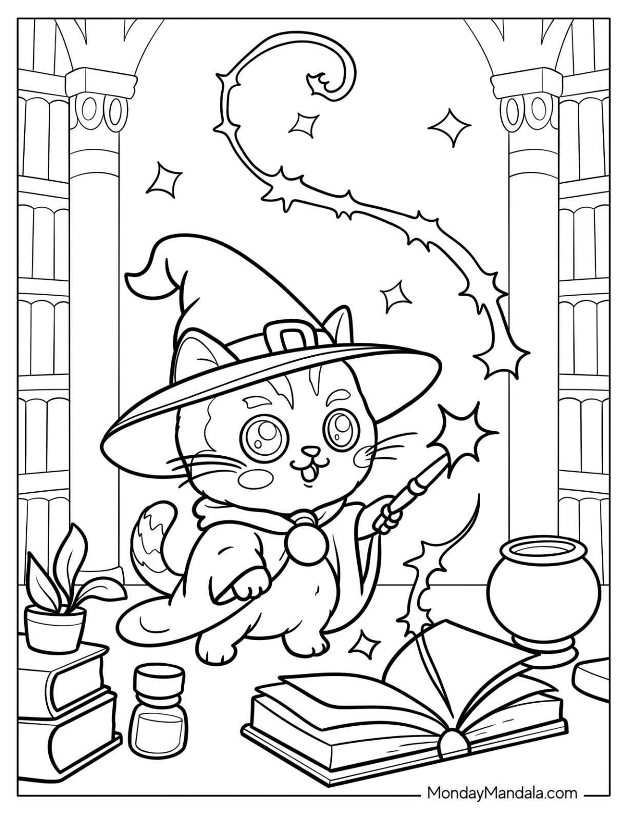 Magical Cat Coloring Page with Witch Hat Casting a Spell