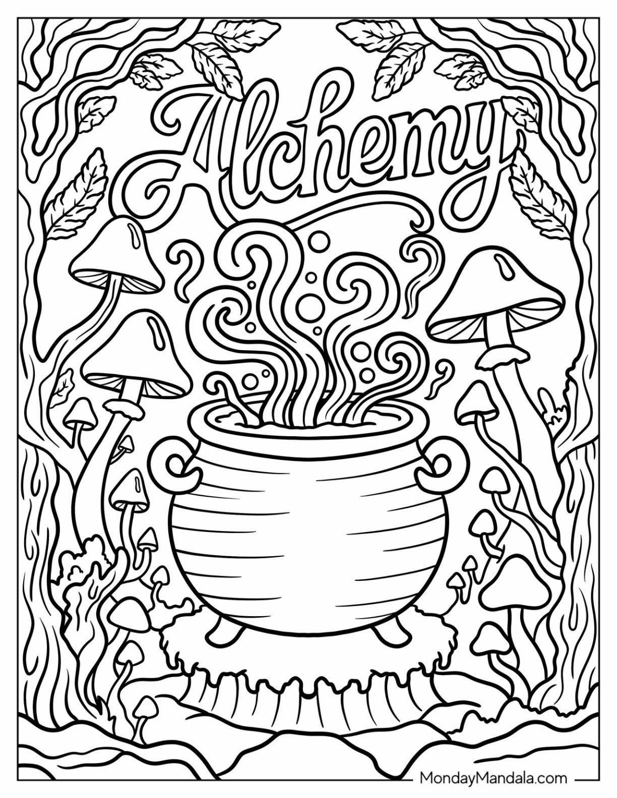 Halloween Coloring Page for Adults of Magical Cauldron Surrounded by Mushrooms with Alchemy Text