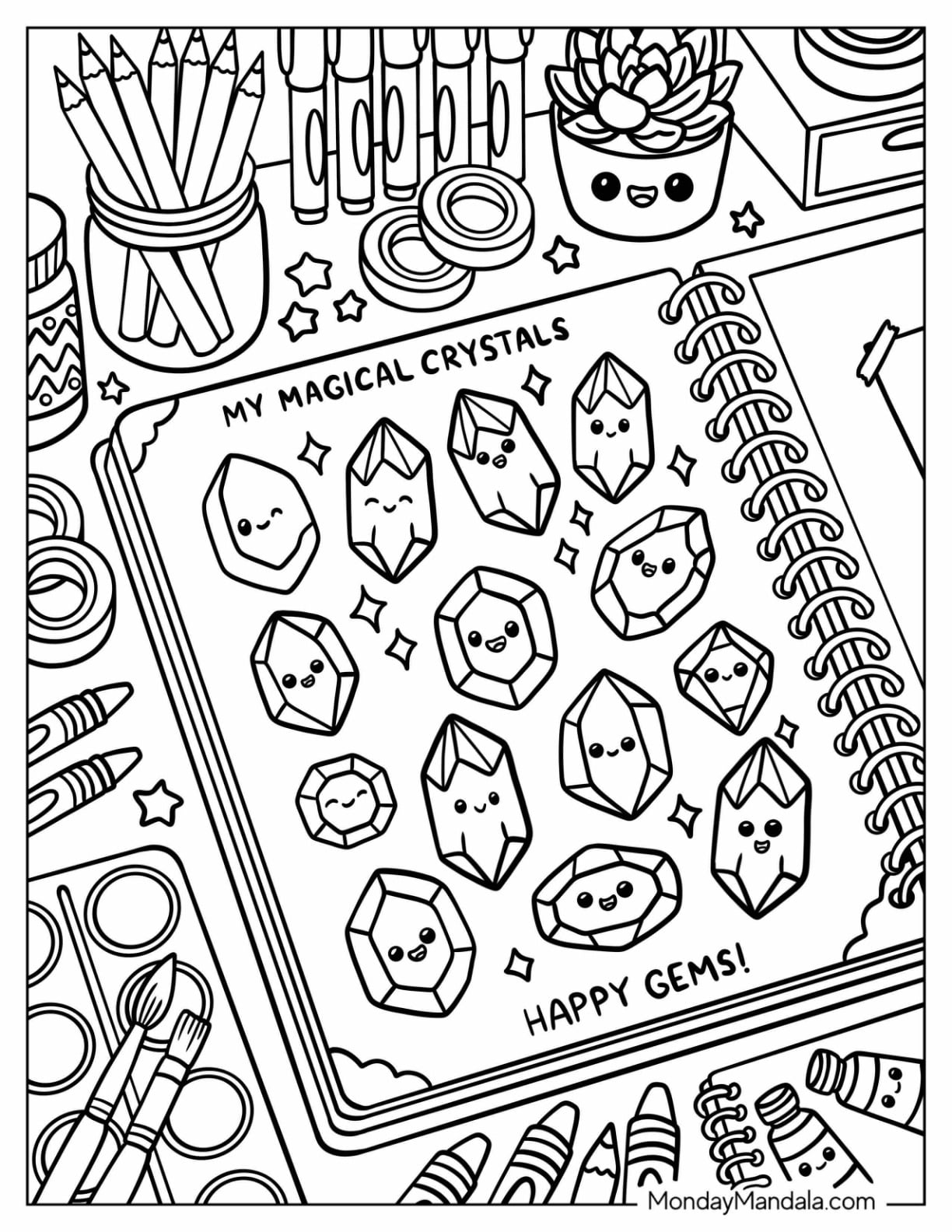 Magical Crystal Drawings on a Notebook Coloring Sheet