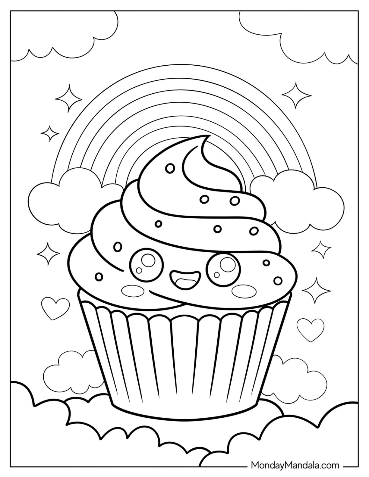 Magical Cupcake Coloring Page in the Clouds with Rainbow and Sparkling Stars
