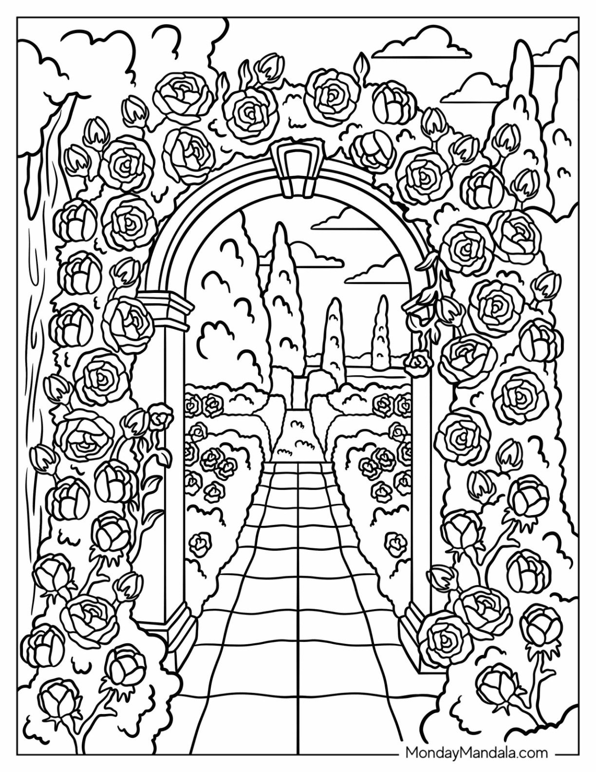 Magical Garden with Arched Entryways Covered in Roses Coloring Page