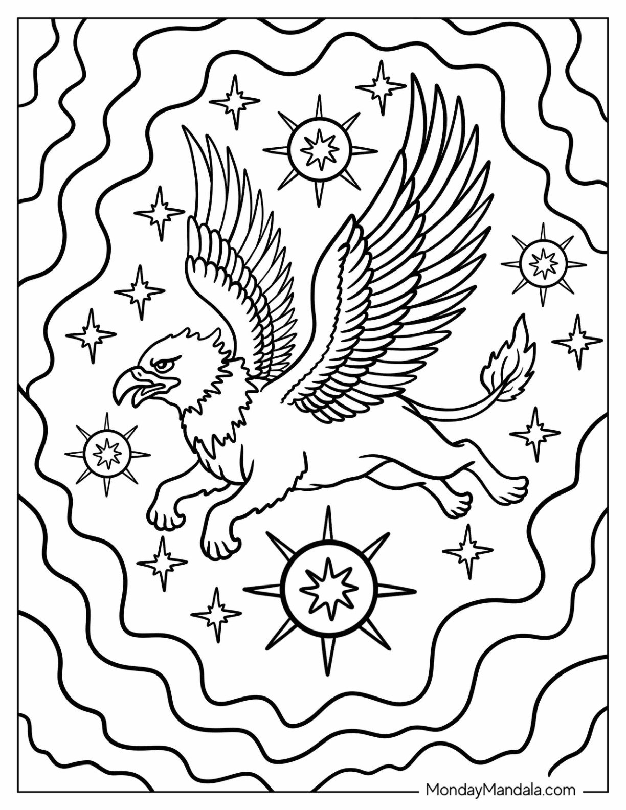 Magical Griffin Coloring Page Surrounded by Stars and Cosmic Symbols for Kids