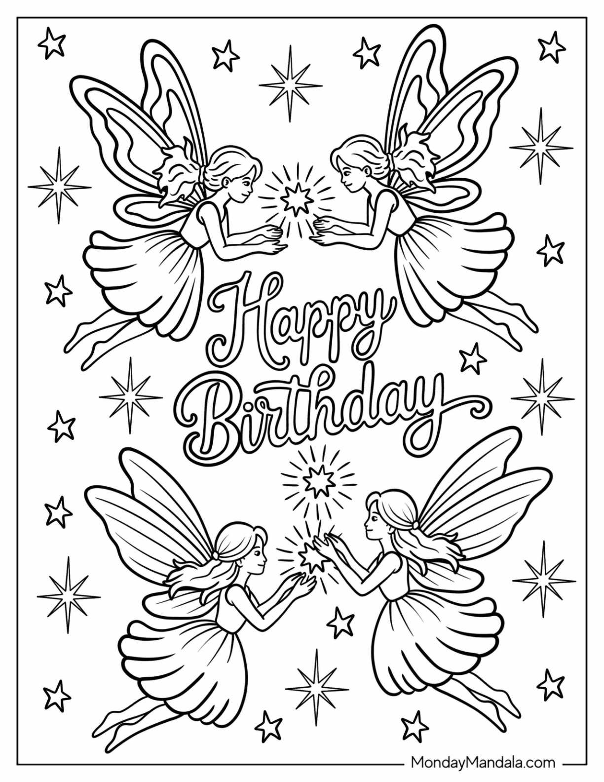 Magical Happy Birthday with Fairies Holding Stars