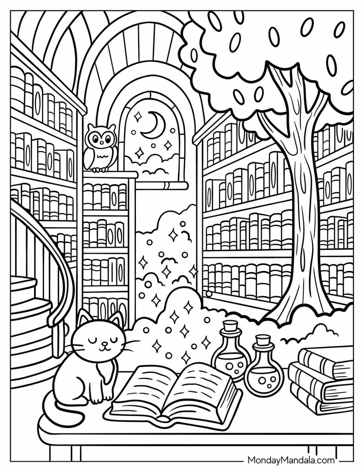 Magical Library Coloring Page with Cat, Owl, Potions, and Tree Under Moonlight