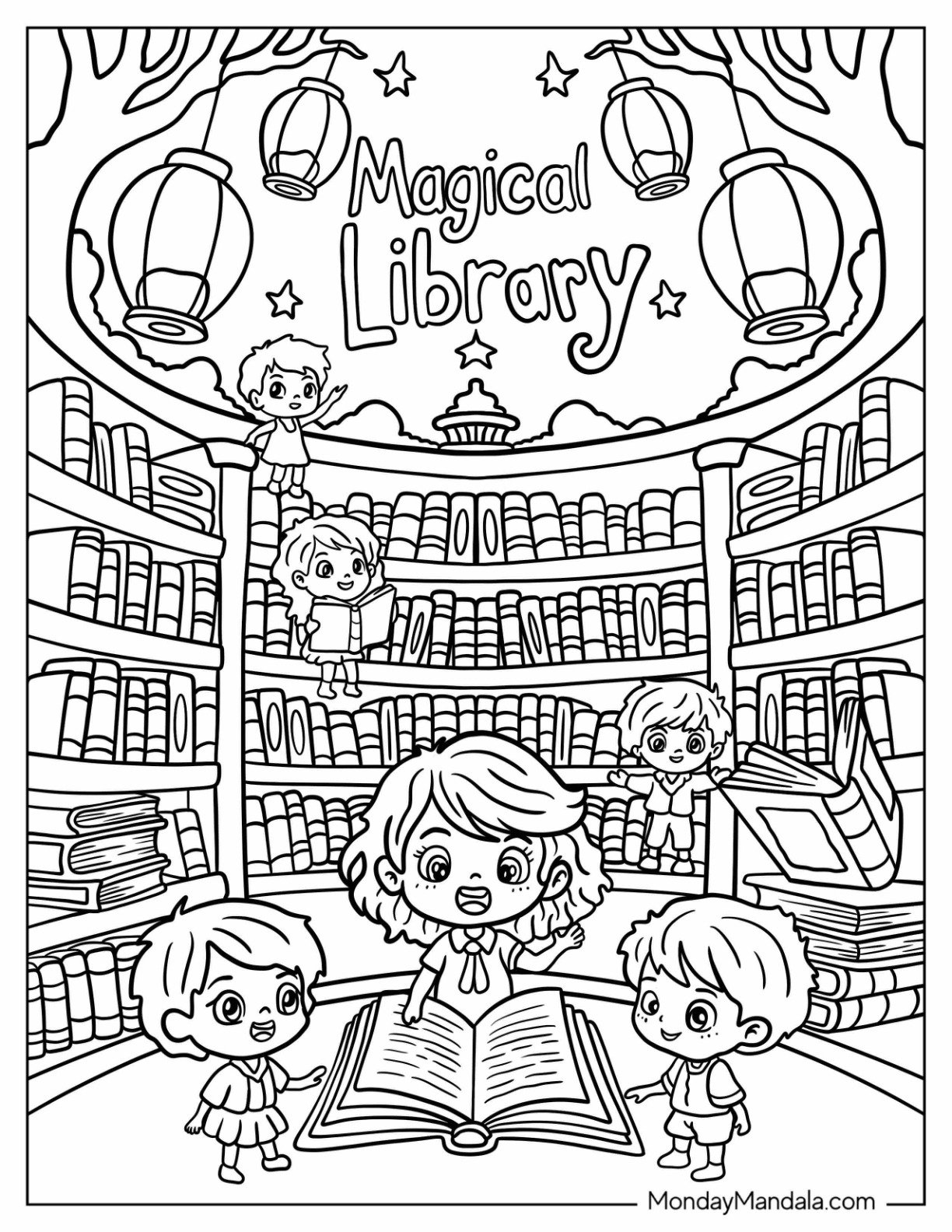 Magical Library Coloring Page with Floating Books, Lantern Lights, and Curious Kids for Kids