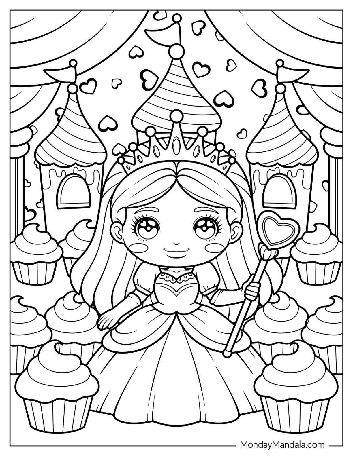 Magical Princess Coloring Page with Crown and Heart Scepter Surrounded by Cupcakes for Kids