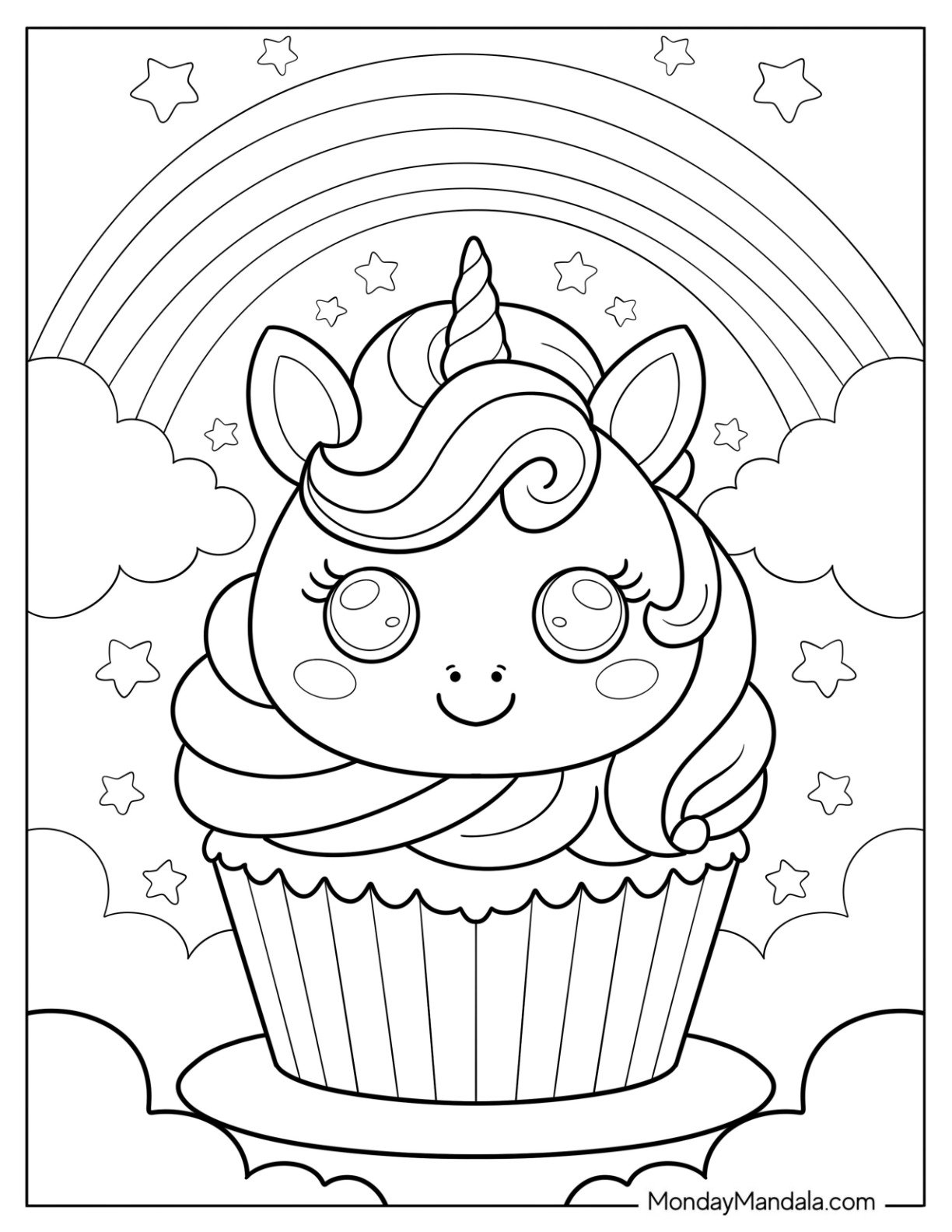 Magical Unicorn Cupcake Coloring Page in Cloudy Starry Night with Rainbow