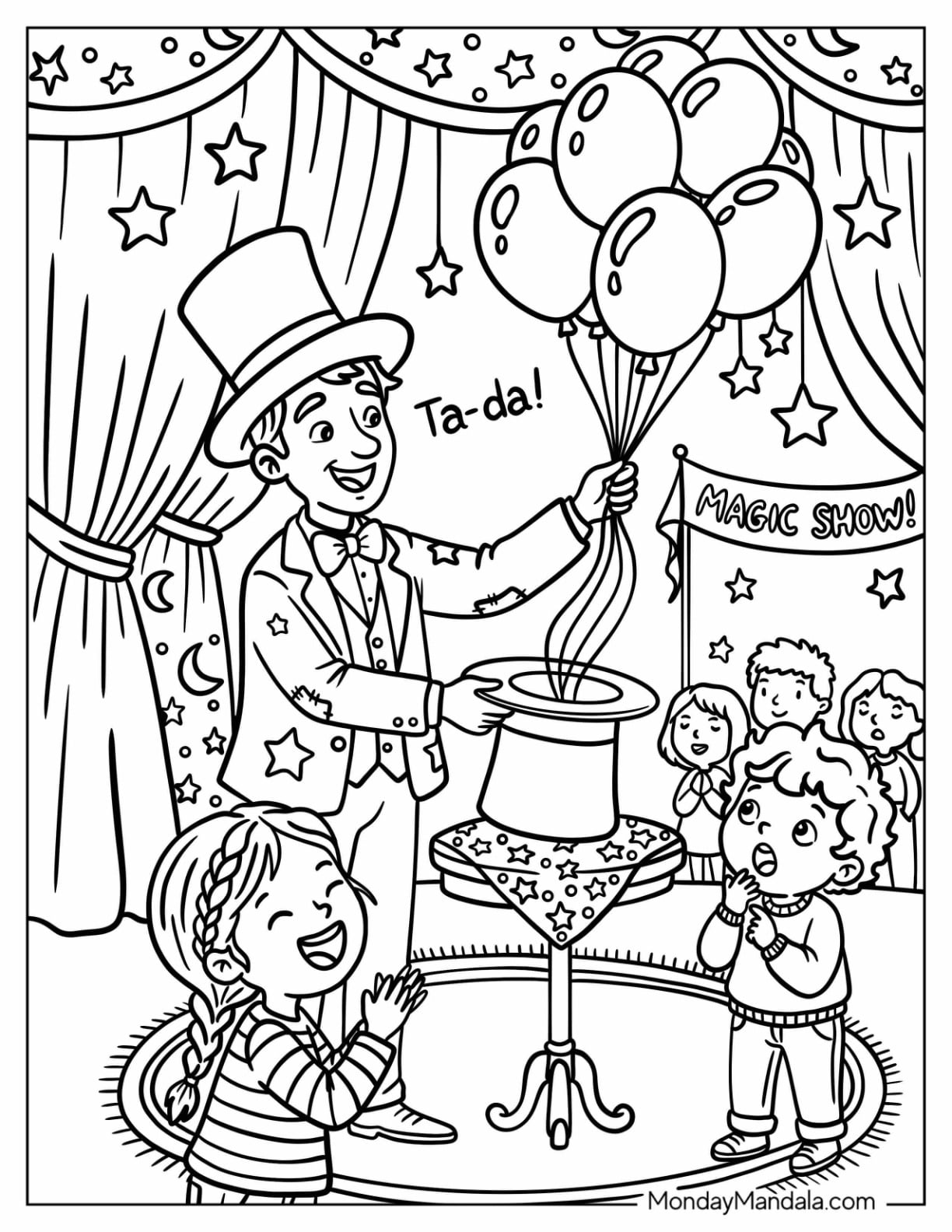 Magician Pulling Balloons from a Hat Coloring Page