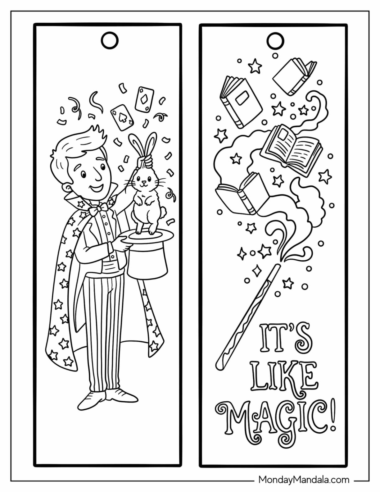 Magician with Rabbit and Magic Wand Reading Bookmark Coloring Page