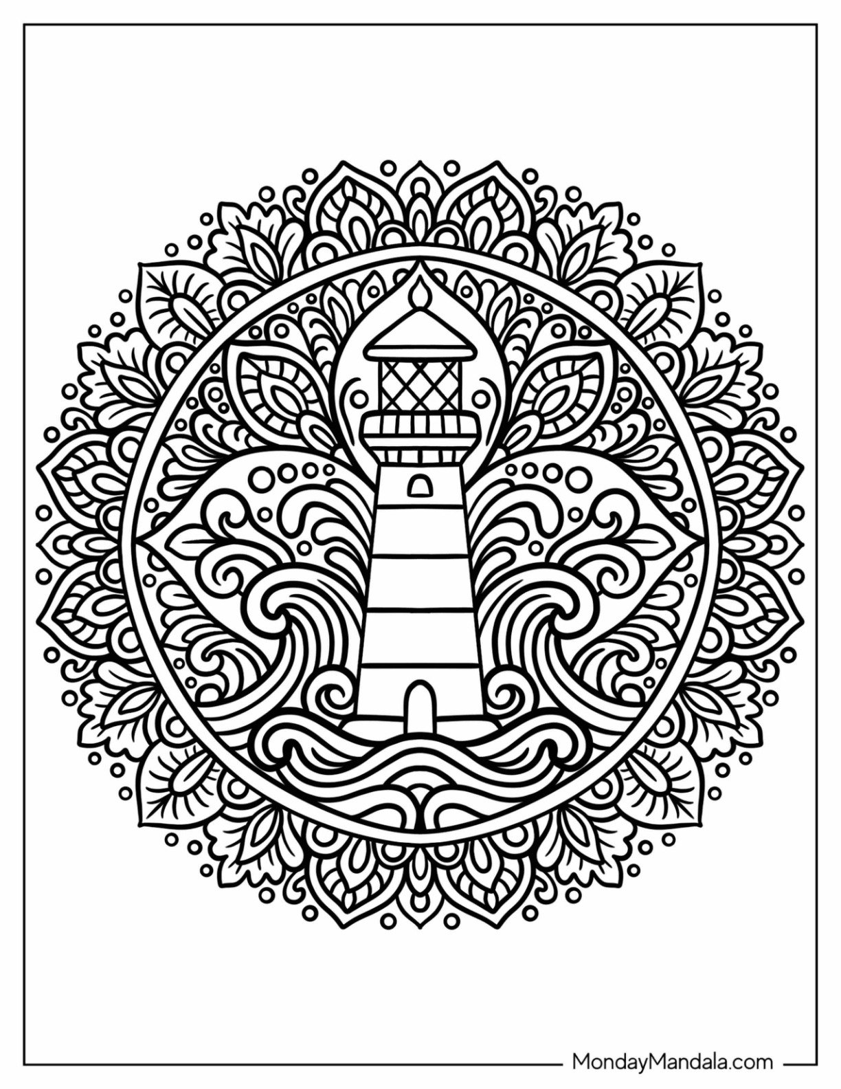 Magnificent Lighthouse Coloring Page Mandala with Waves and Floral Designs