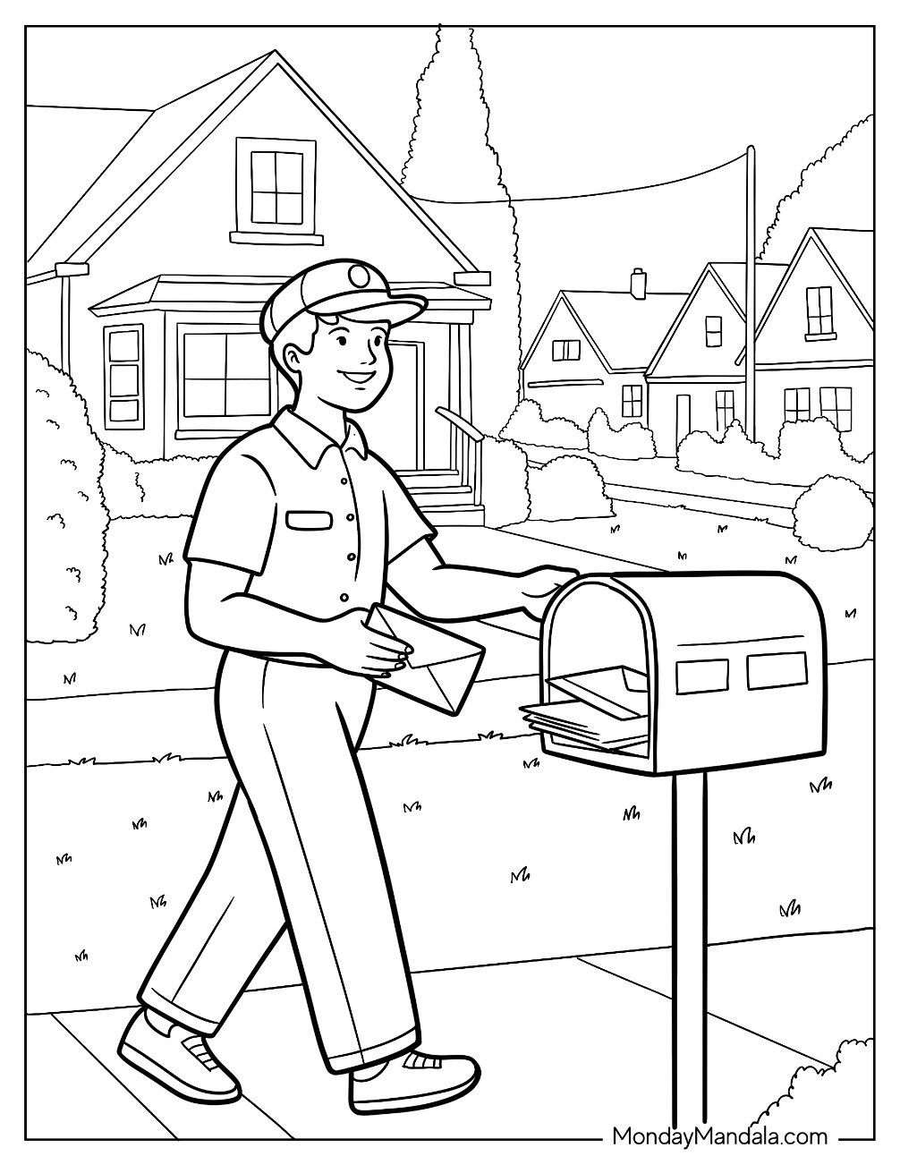 People Coloring Page of Mailman Putting An Envelope In A Mailbox