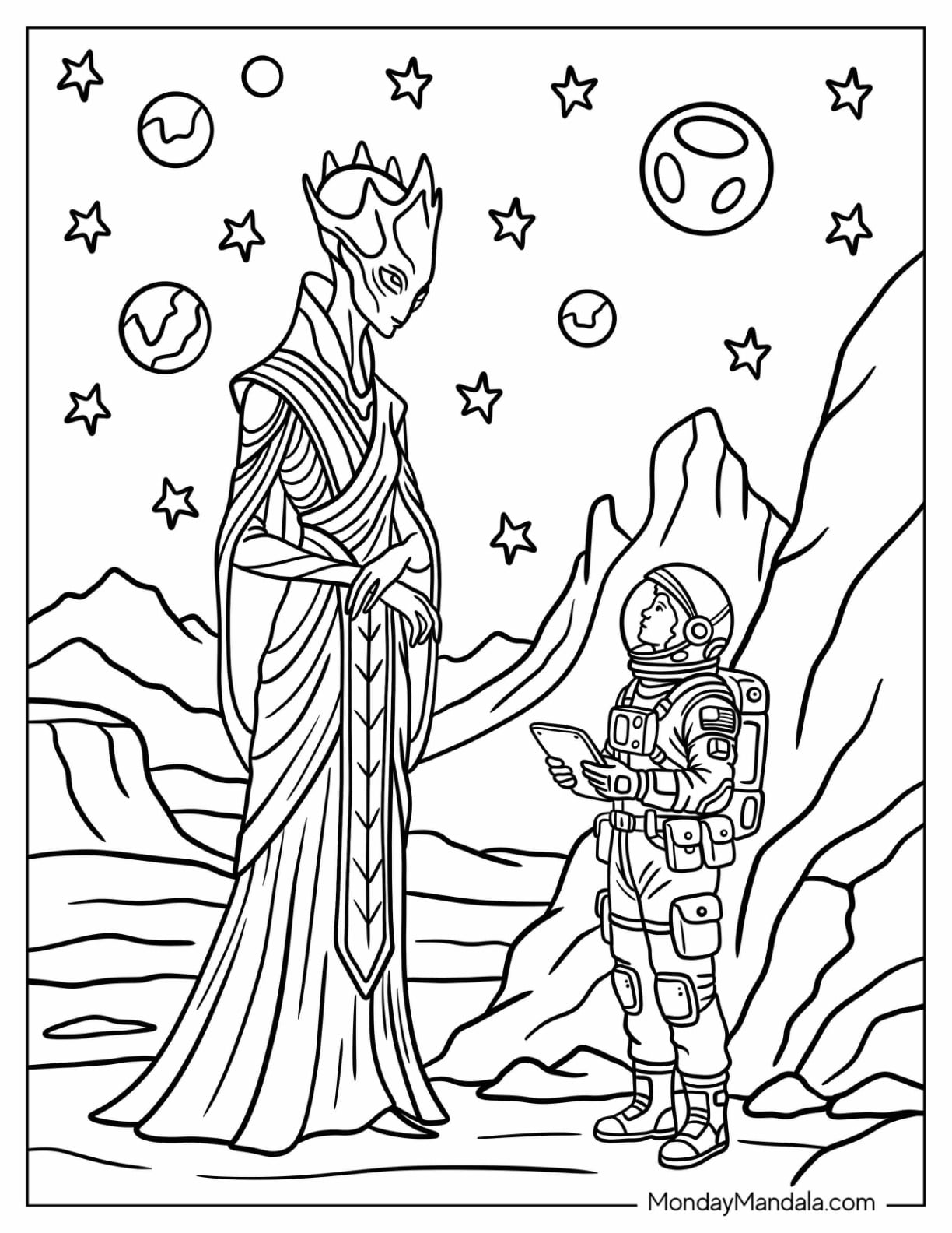 Majestic Alien Talking to an Astronaut Coloring Page