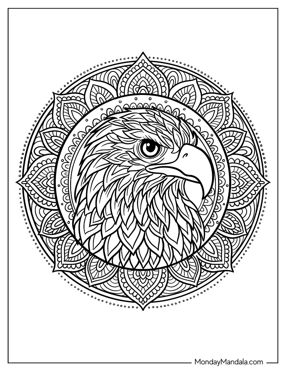 Majestic Bald Eagle Coloring Page Mandala with Floral Patterns