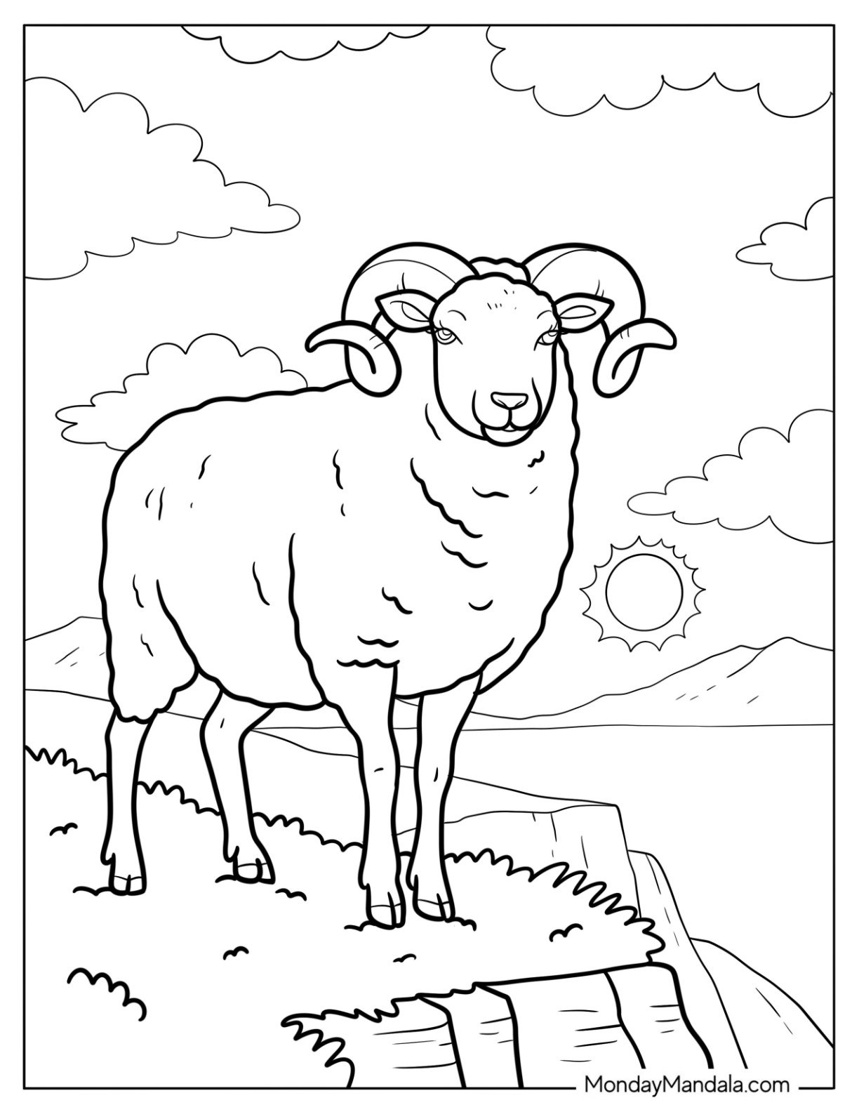 Majestic Bighorn Sheep Coloring Page on a Cliffside