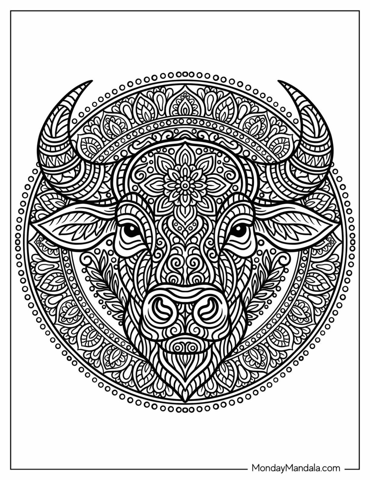 Majestic Bull Coloring Page Mandala with Floral Details