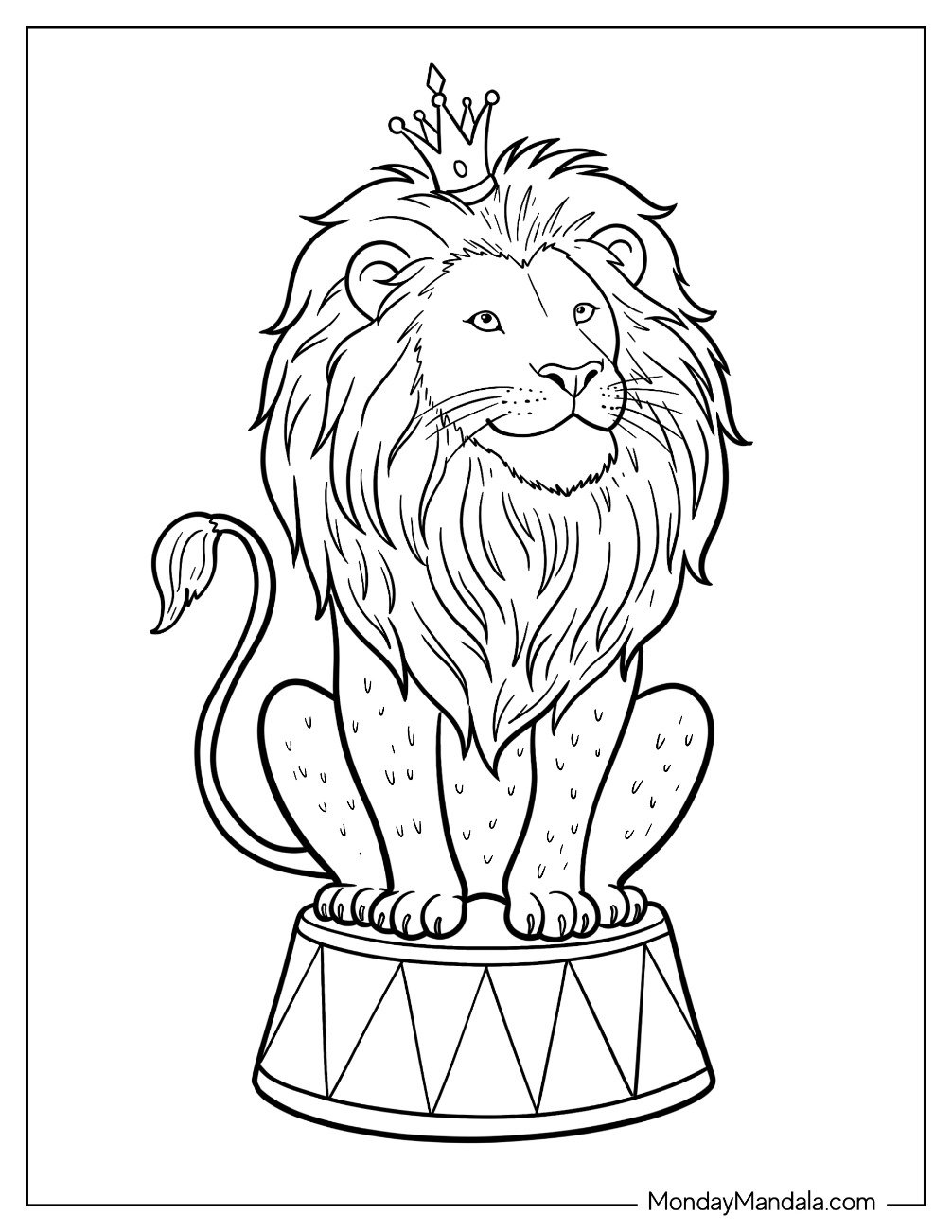 Majestic Circus & Carnival Coloring Page of Lion with a Crown Sitting on a Drum for Preschoolers