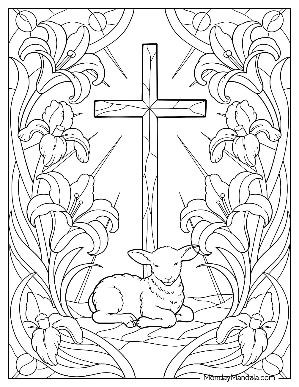 Easter For Adults Coloring Page of Majestic Cross with Baby Lamb on the Ground