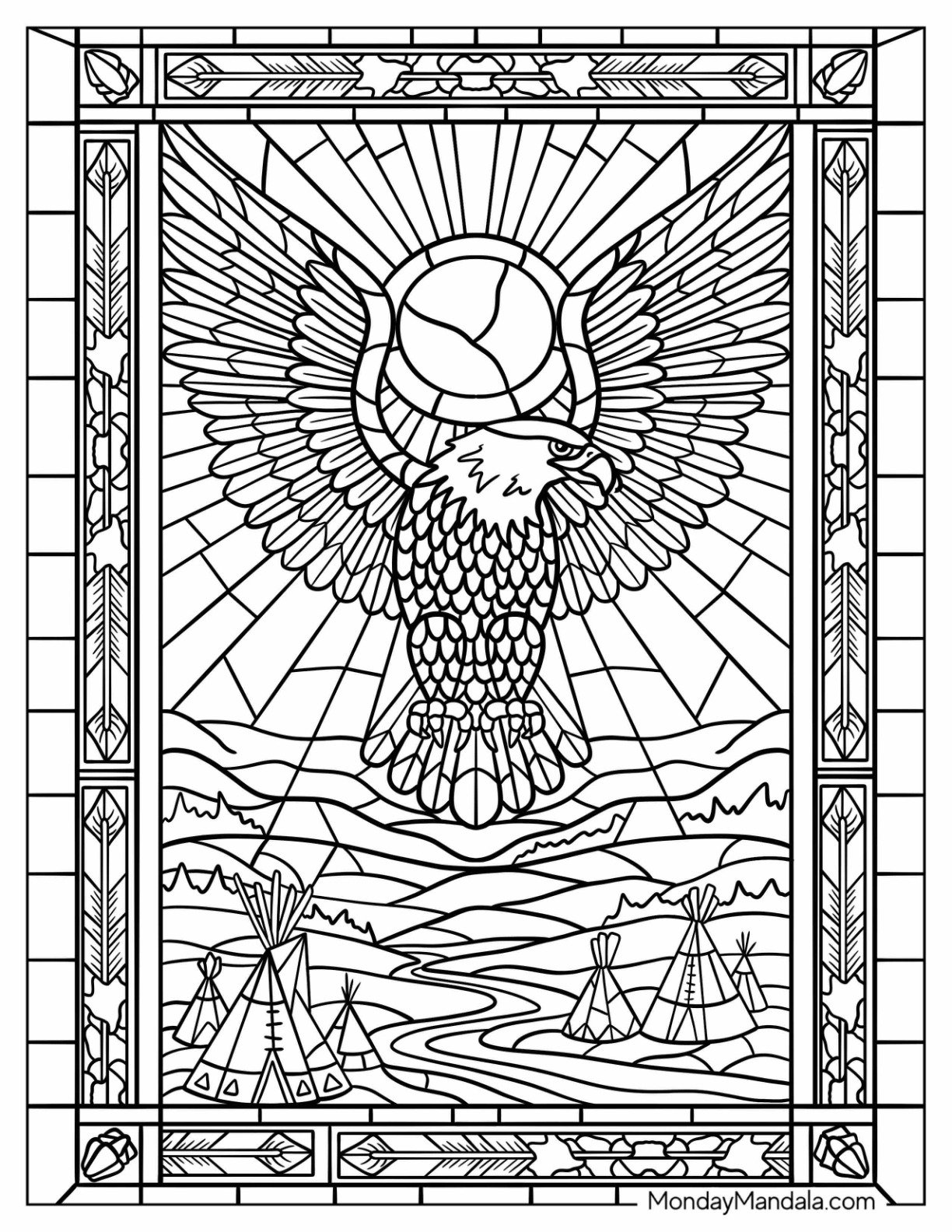 Native American Coloring Page of Majestic Eagle with Wings Spread Over River Valley and Tipi Village Stained Glass