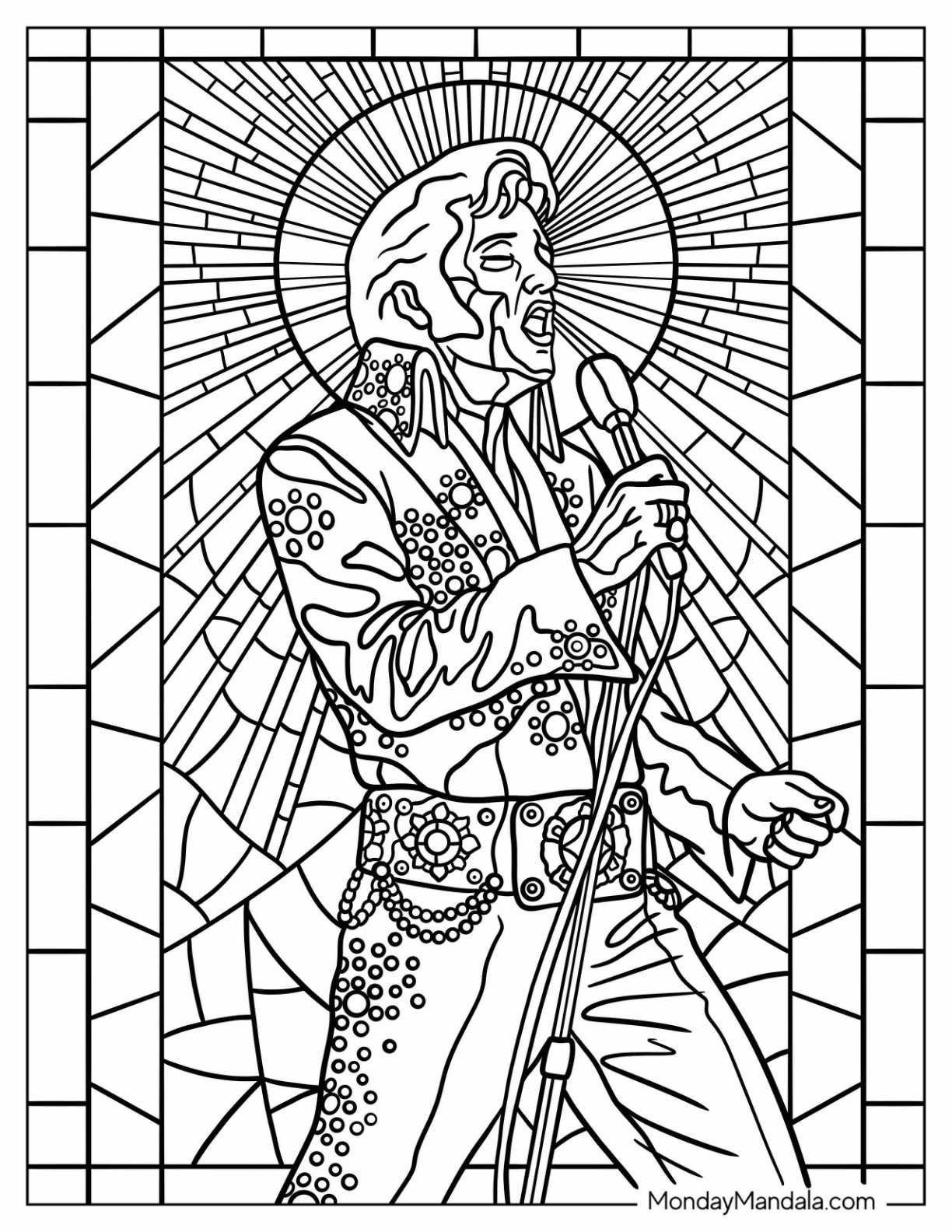 Majestic Elvis Coloring Page with Halo Singing Stained Glass