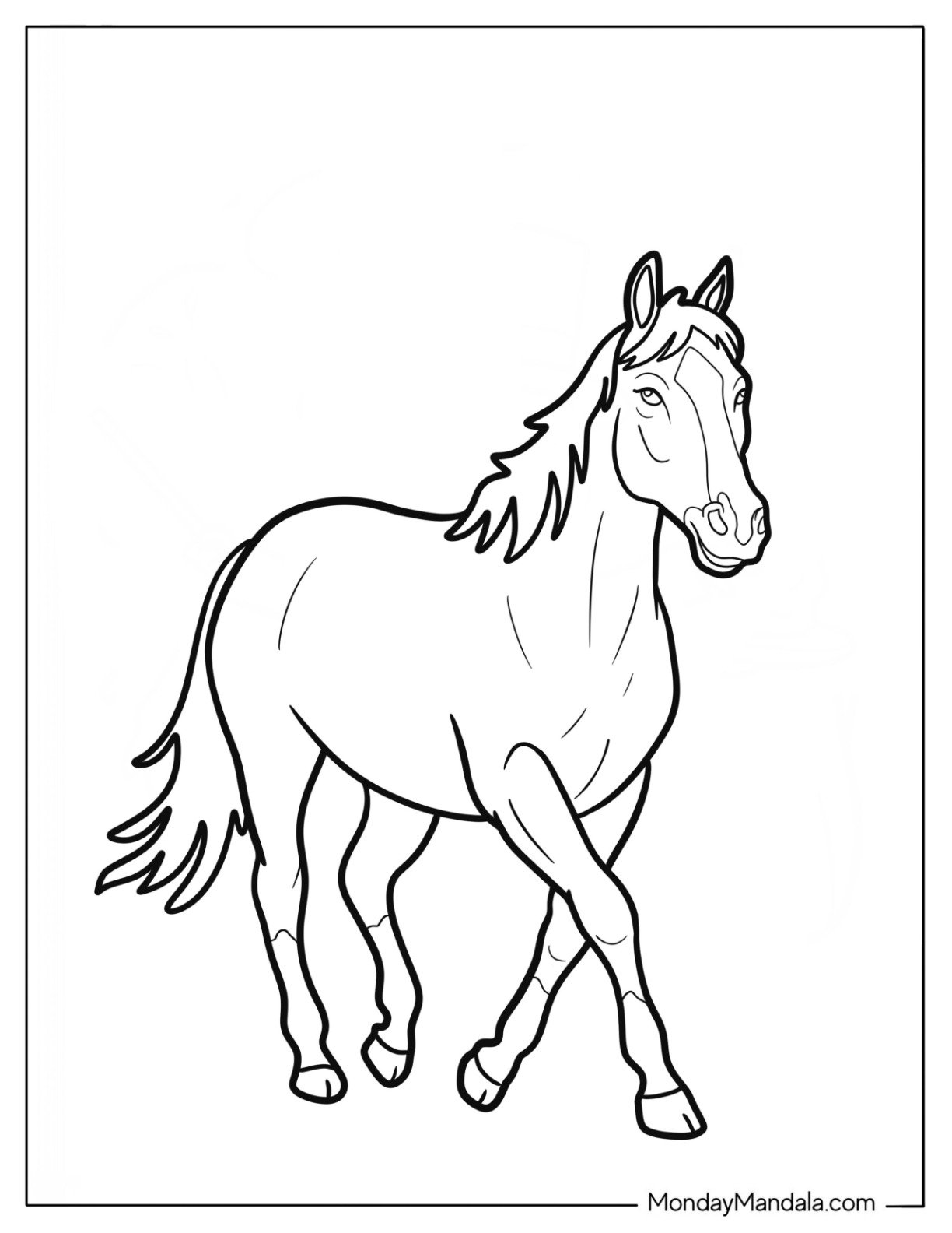 Majestic Farm Coloring Page of Horse with Flowing Mane for Kids