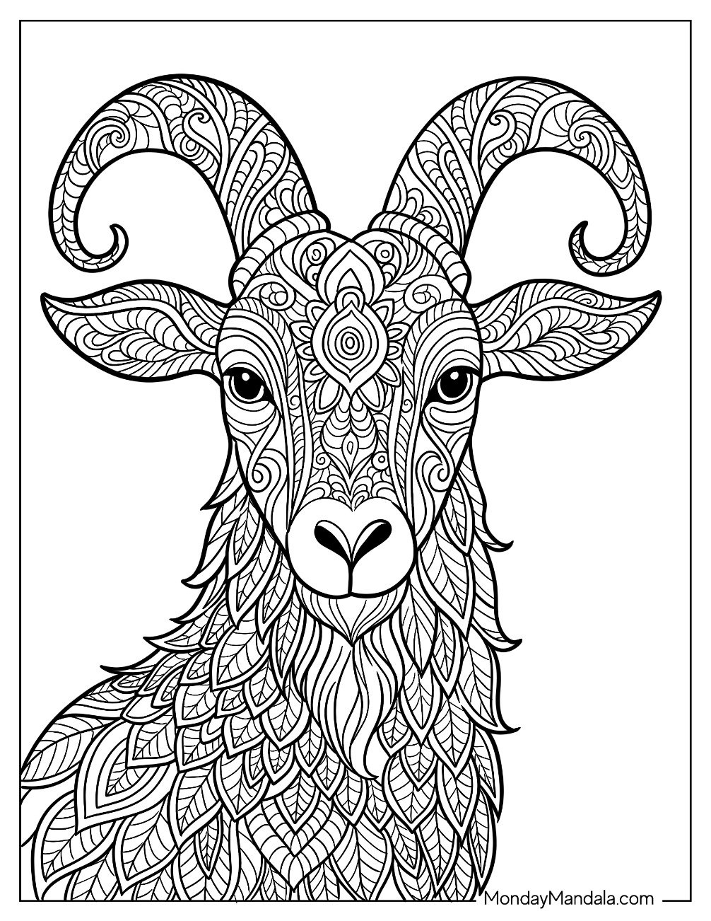 Majestic Goat Coloring Page Mandala with Swirling Horns and Detailed Patterns