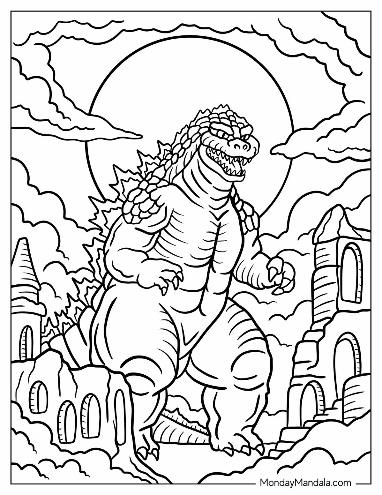 Majestic Godzilla Coloring Page with a Full Moon Behind Crumbling Towers