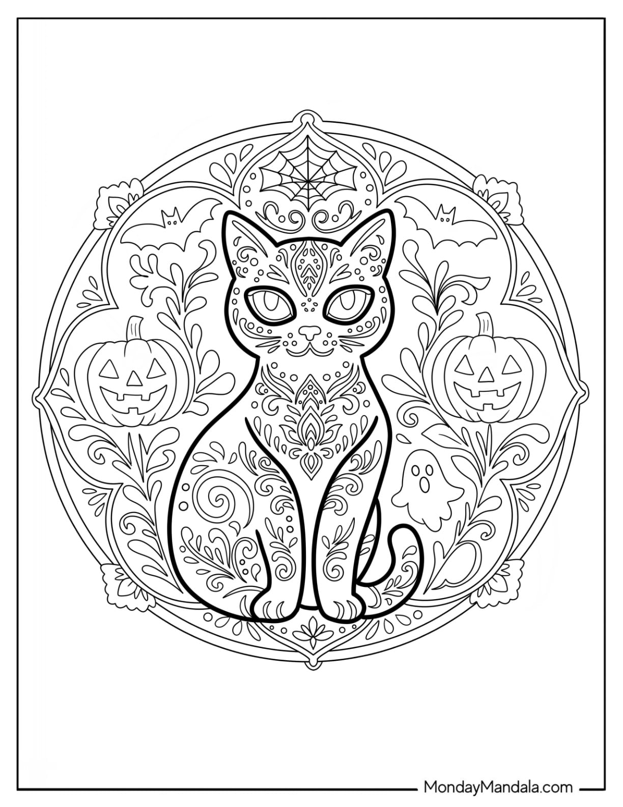 Majestic Halloween Cat Coloring Page Inside Spooky Mandala
